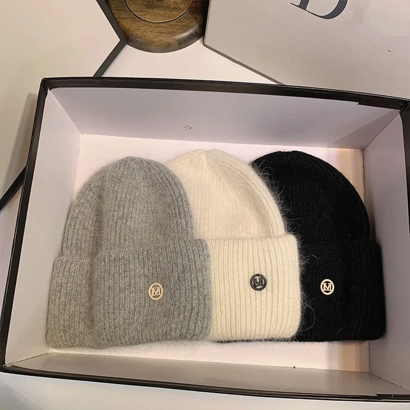 2026 Women's Winter New Rabbit Fur Knit Beanie Letter M Logo Warm Ear Cover Cap
