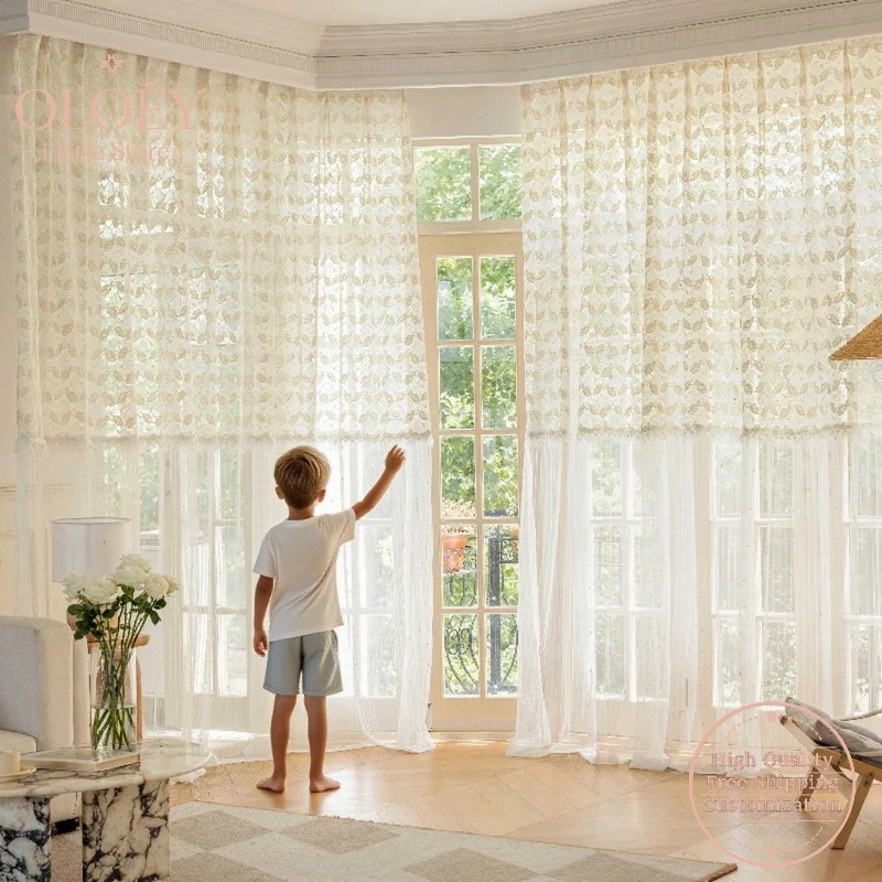 

Romantic French Lace Curtains for Bedroom Living Room Patchwork Tulle Gauze Lightweight Soft Apricot White Vintage Luxury Drapes