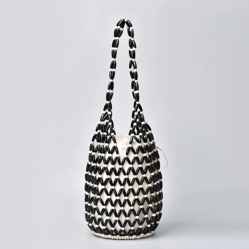 

Fashion Wooden Beaded Shoulder Bag for Women Hand-woven Hollow-out Hand-held Bucket Bag Seaside Vacation Trip Tote Bag
