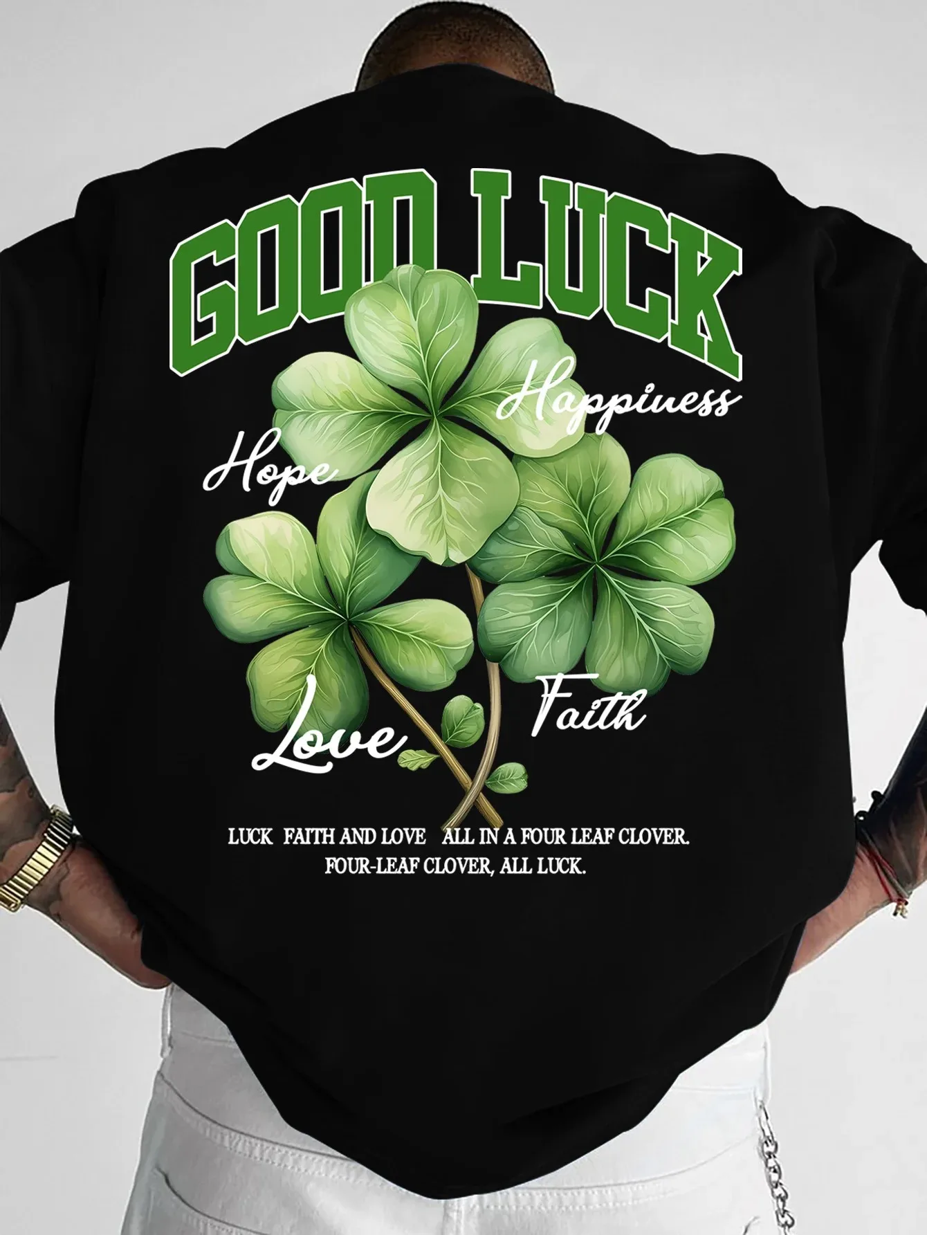Men American Street Style 2026 New T-shirt with Four-leaf Clover Pattern Loose Casual Fit Suitable Casual Daily Wear Versatile
