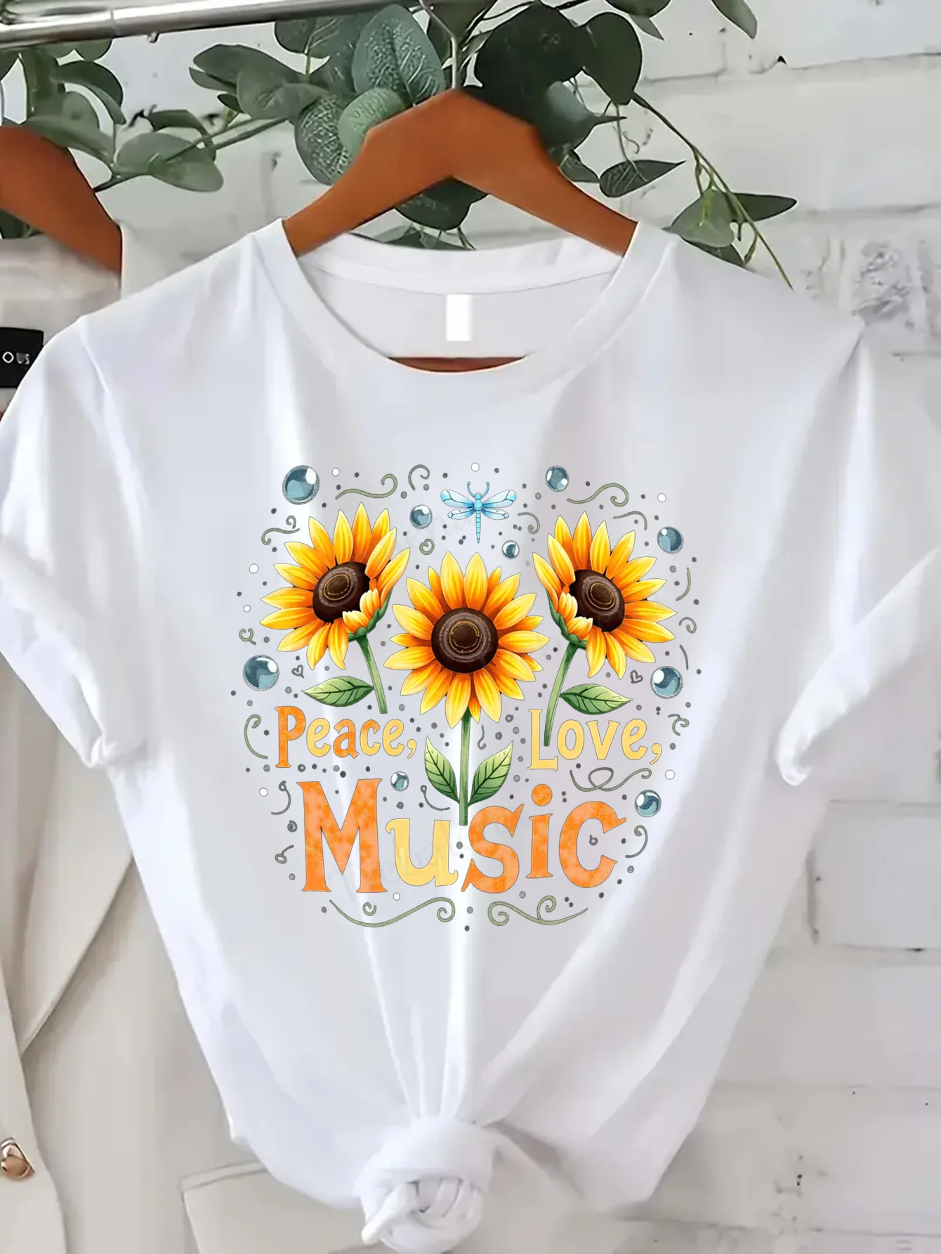 

Comfortable Women's Print T-shirt Peace Love Music Sunflower T-Shirt for Women Summer Casual Wear