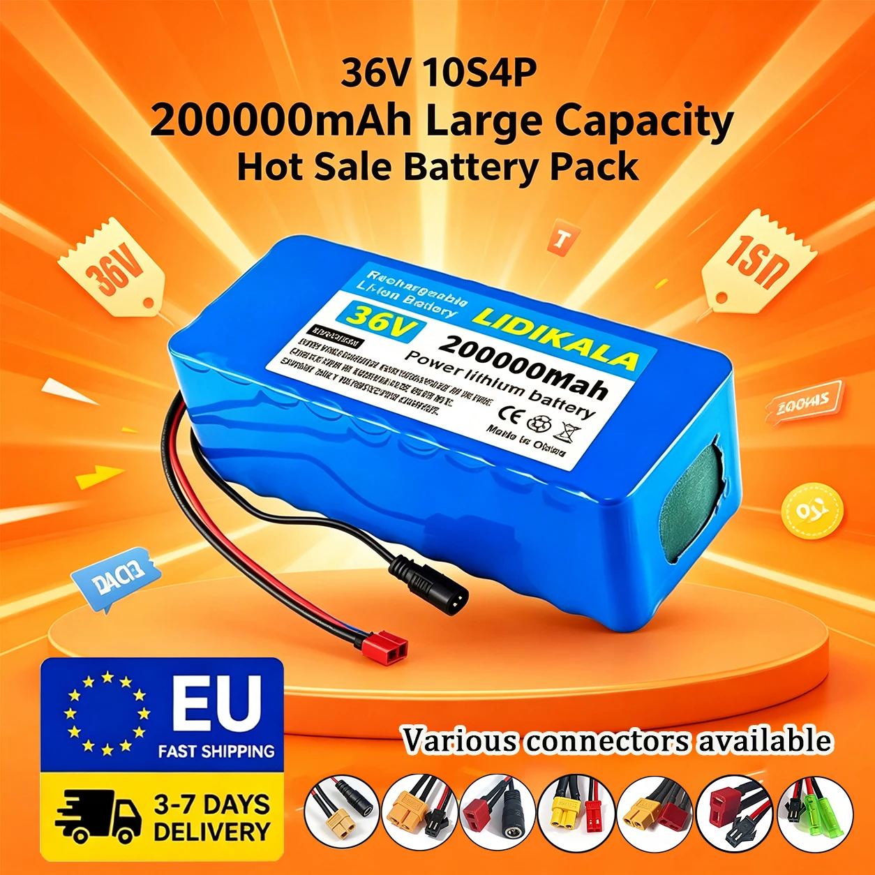 36V Lithium-Ionen-Akkupack, 10S4P, 200Ah wiederaufladbarer Akkupack mit BMS, 42V-2A Ladegerät