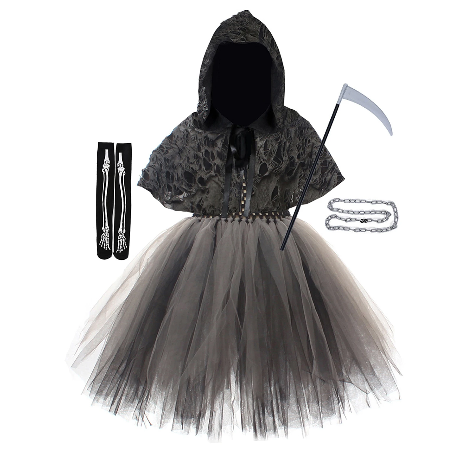 Kids Girl Grim Reaper Costume Halloween Costume Dress Ripped Cape Chain Scythe Thigh-High Stockings Cosplay Party Costume