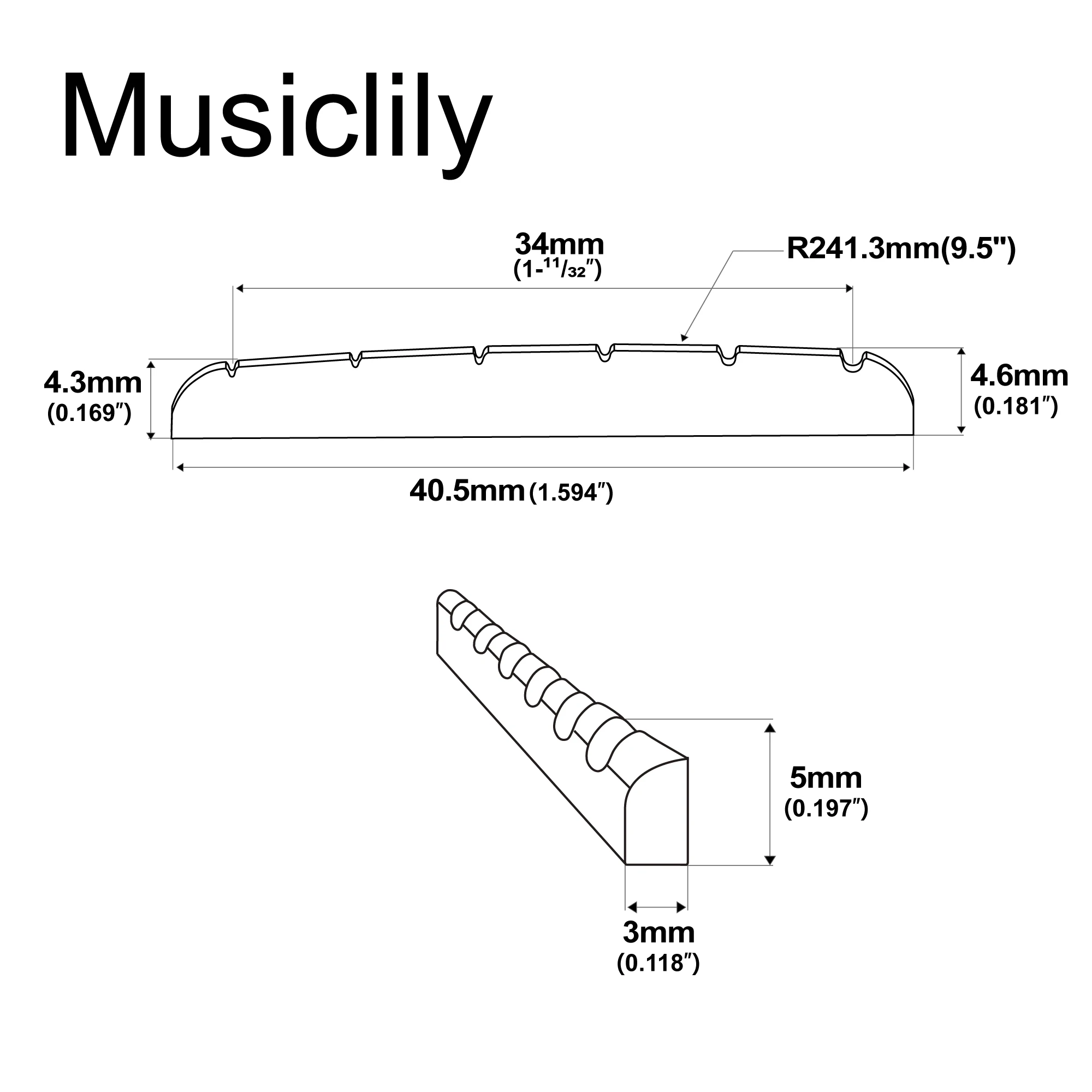Musiclily Pro 40.5x3x5mm Flat Bottom Slotted Bone Nut for 6 String Squier Affinity ST Tele Style Electric Guitar (Set of 2)
