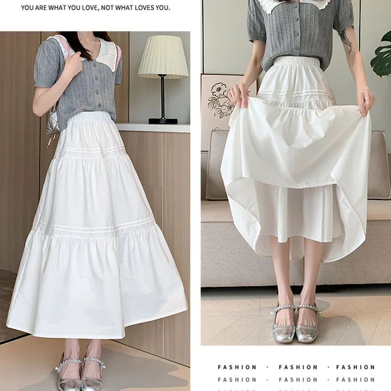 

Summer Casual White Long Skirts Women Korean All-Match High Waisted Midi Skirts Ladies Elegant Patchwork A-Line Pleated Skirt