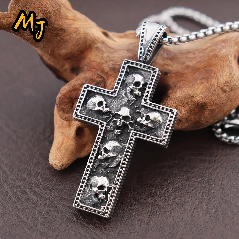 New Gothic Cross Skull Necklaces Men\'s Vintage Stainless Steel Pendant Unique Halloween Amulet Jewelry Accessories Wholesale