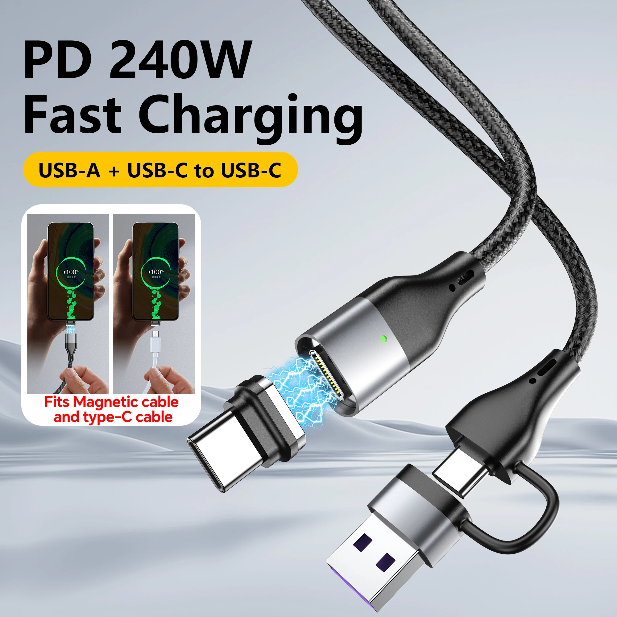 Magnetic USB‑C Charging Cable 240W PD 2‑in‑1 USB‑A & USB‑C to Type‑C Nylon Braided Fast Charge Data Cable for Mobile Notebook