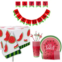 Watermelon Disposable Tablecloth Melon Banner Plate Cups Napkins one in A Melon Theme Birthday Party Decorations