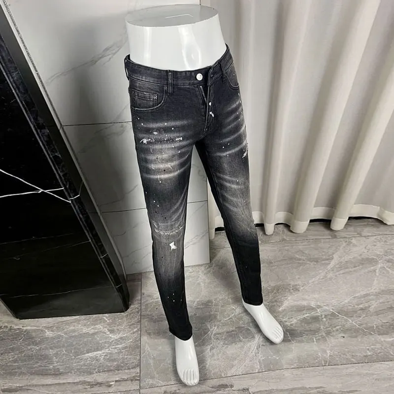 Moda uliczna Mężczyźni Jeans Retro Czarny Szary Stretch Slim Fit Malowane Podarte Jeansy Mężczyźni Marka Projektant Vintage Spodnie Dżinsowe Hombre