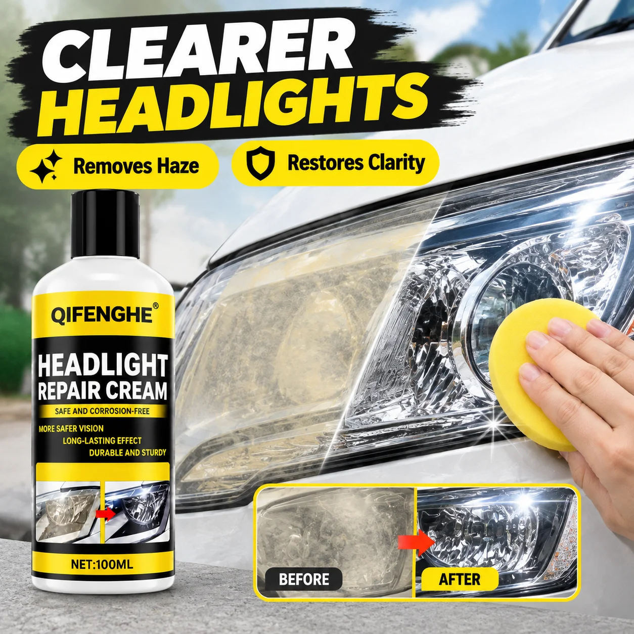 Car Headlamp Restorer Cream 100g, Effective Remove Yellow Oxidation Haze, Restore Headlight Clear Bright Shine