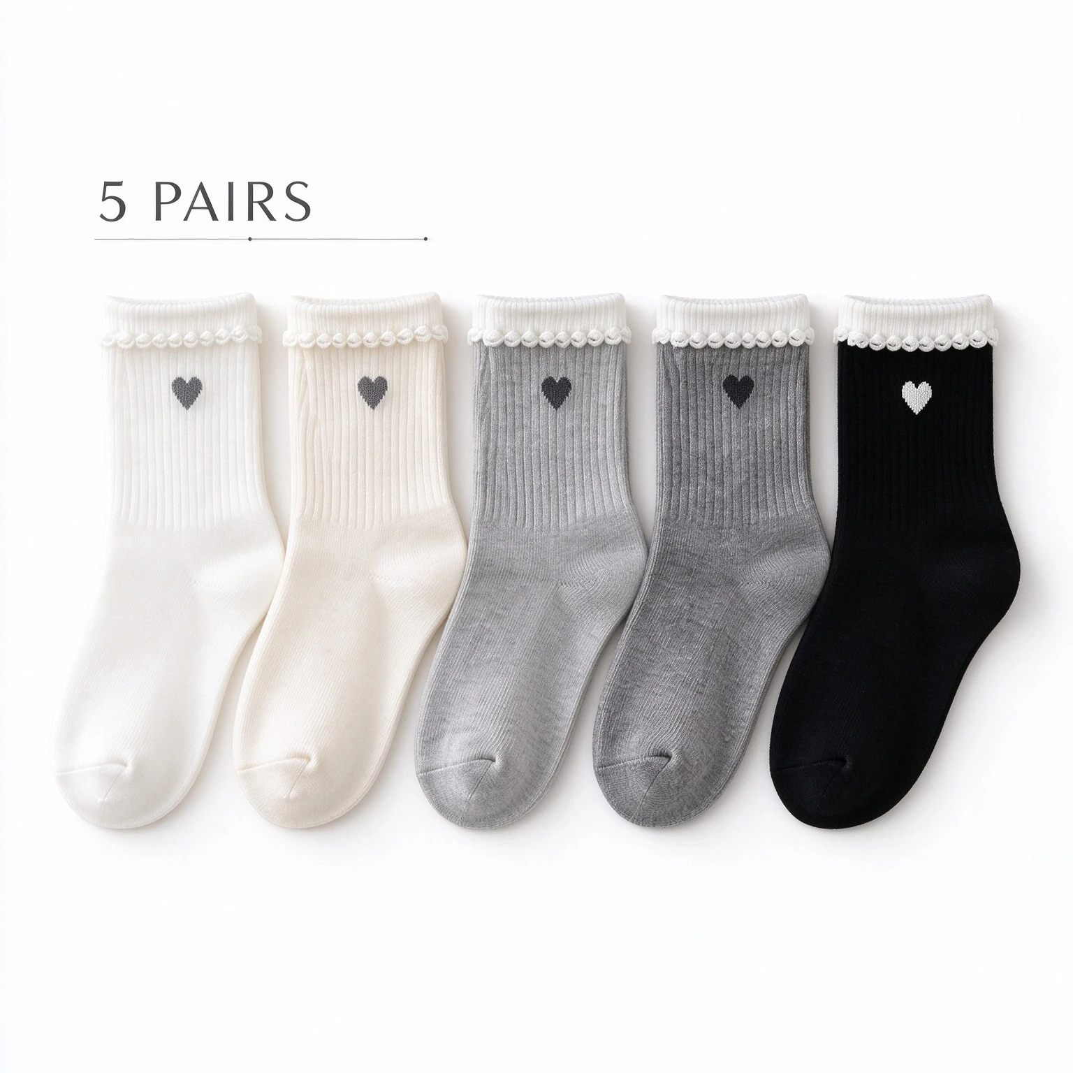 5 Pairs Girls Crew Socks, Heart Embroidery Ruffle Trim Socks, Soft Breathable Mid Calf Socks for 1-14Y Kids Daily Wear
