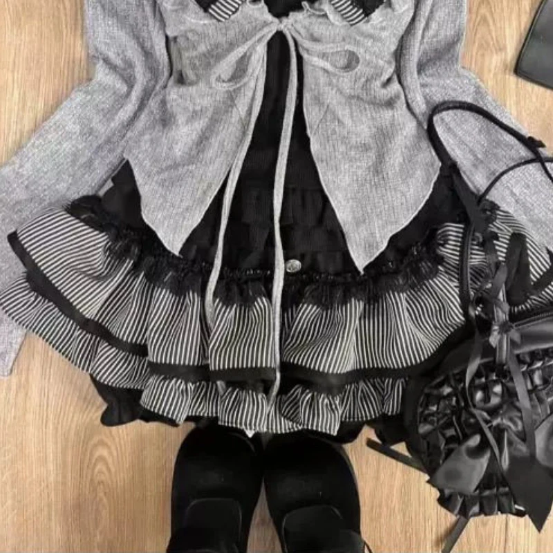 Japanese Style Sweet Preppy Chic 3 Piece Set Skirt Suit Grey Flounce Cardigan+Black Lace Vest+Slim Cake Skirt Women 2024 Clothes