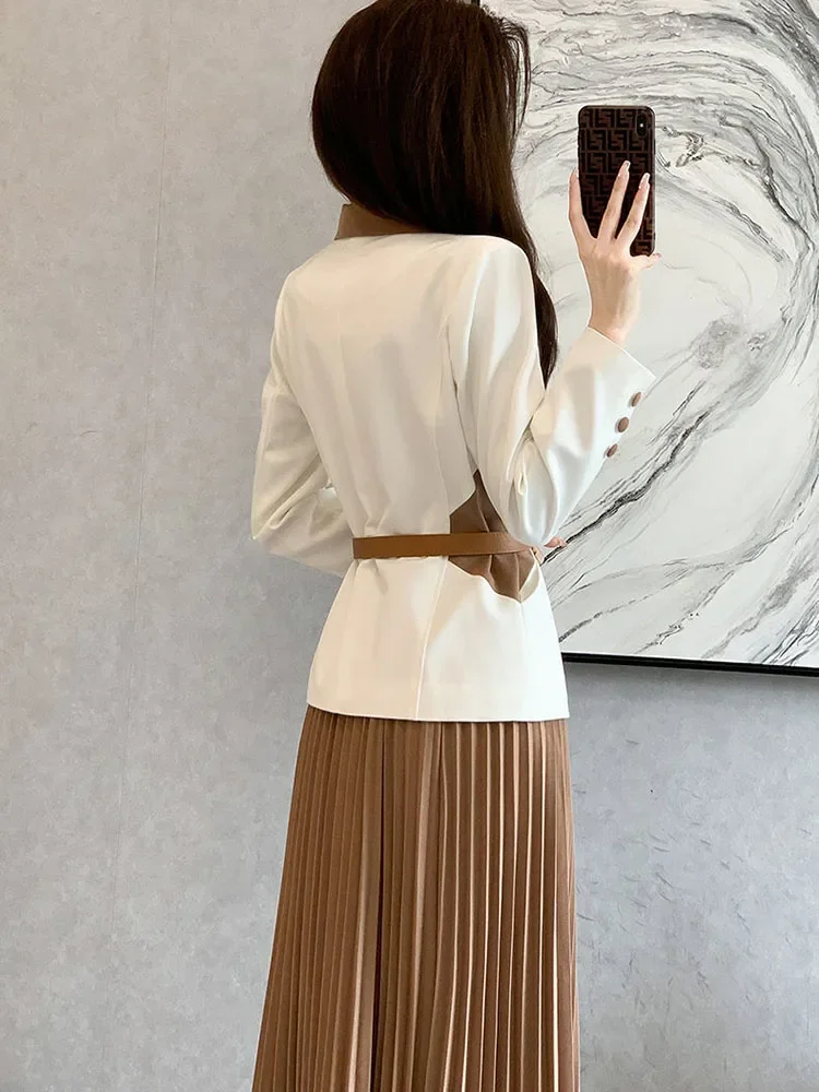 Coreano escritório manga longa blazer casacos topos conjuntos primavera outono ol cintura alta saia plissada roupa feminina formal 2 peças conjuntos