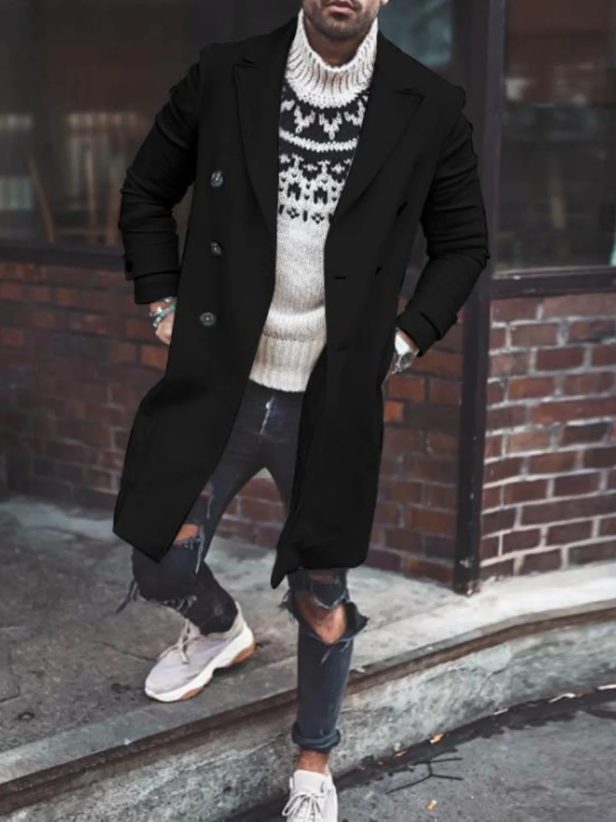 

Мужское простое однотонное шерстяное пальто средней длины, мужская ветровка, двубортный лацкан, весенний повседневный прямой подол