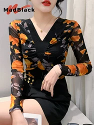 MadBlack European Clothes Tshirt Women Sexy V Necks Shiny Diamonds Print Slim Mesh Top Long Sleeve Tee Autumn Winter T38051JC