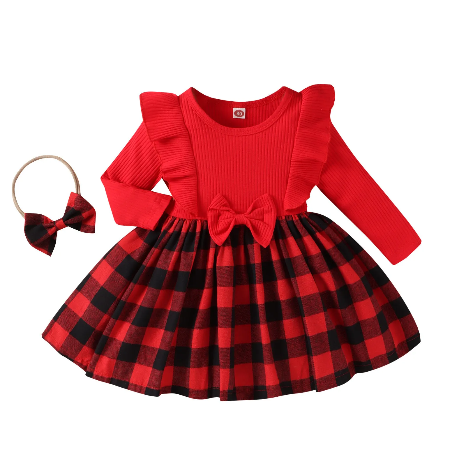 Baby Girls Bowknot Dress Toddler Autumn Long Sleeve Plaid Print Red Princess Dress Christmas Kids Party Casual Dresses Vestidos