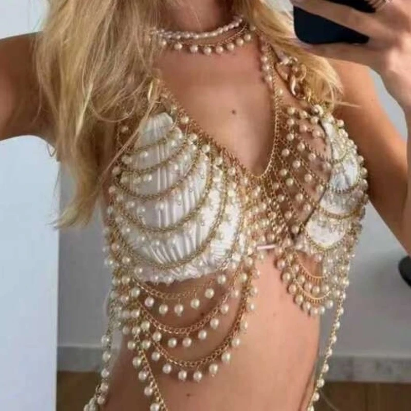 Luxury Imitation Pearl Body Chain Jewelry for Women Sexy Pearl Bra Top Camis Body Harness Beach Festival Rave Outfit Accessories