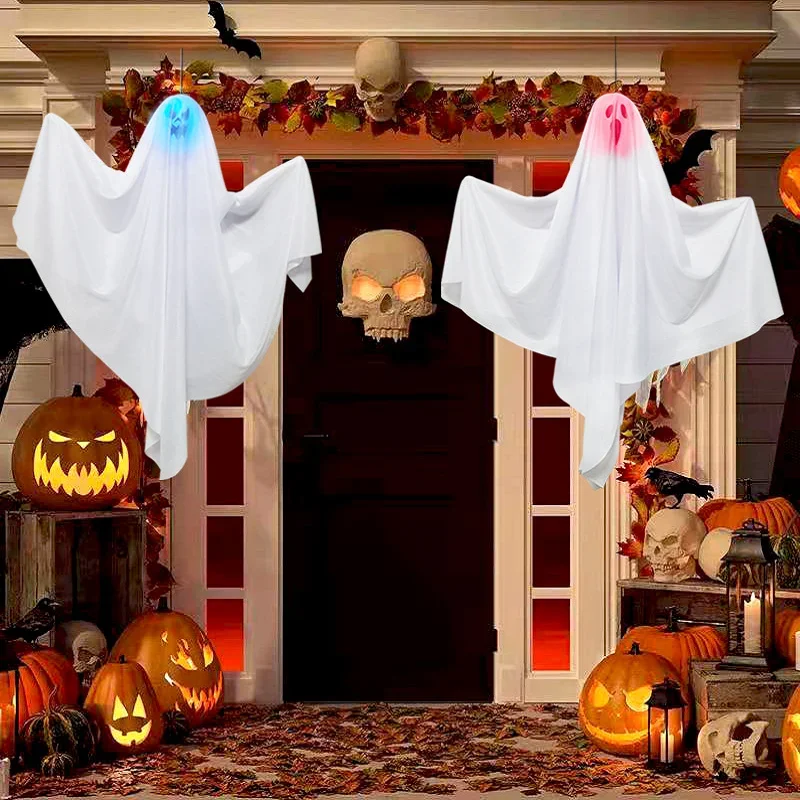 New 2PCS Haunted House Props Halloween Scary LED Lights Glowing Hanging Ghost Horror Door Decor Venue Setting