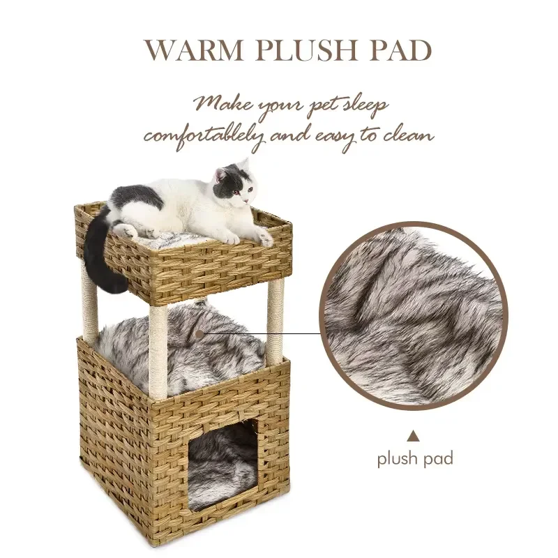 Durable Rattan Cat Tree with Scratching Post Soft Mattress Stylish Furniture for Cats Comfortable Bed House Pet Supplies