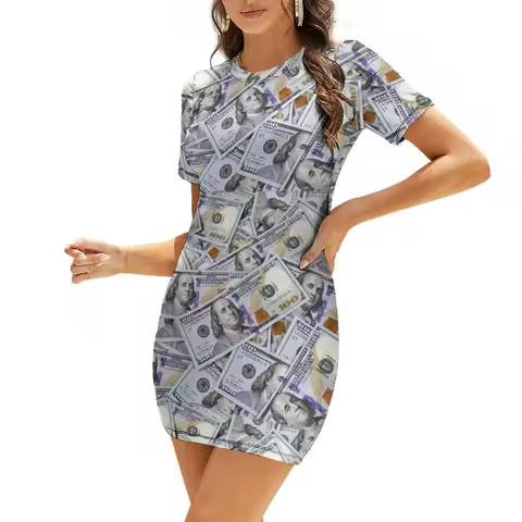 One Hundred Dollar Bills Short-Sleeved Dress Aesthetic clothing women's evening dress 2025 dress women summer