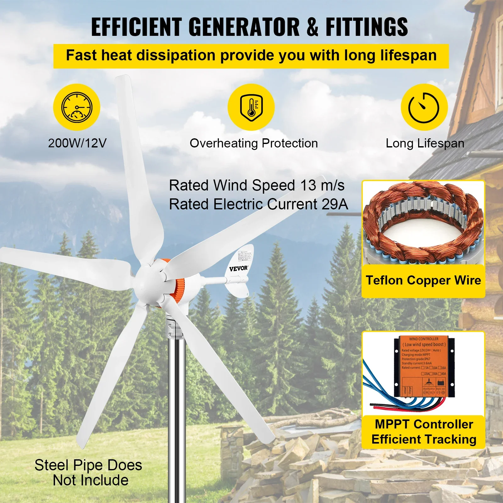 VEVOR Blades Wind Turbine Generator 300-500W With MPPT/Charge Controller Wind Power Turbine Generator for Power Sup Home Use