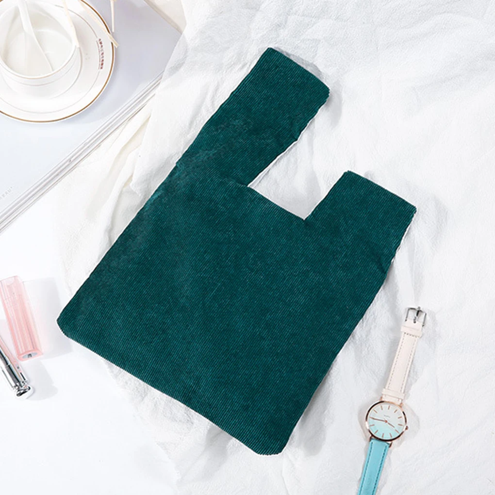 Women Corduroy Handbags Grocery Pouch Japanese Knot Wrist Bag Dark Green