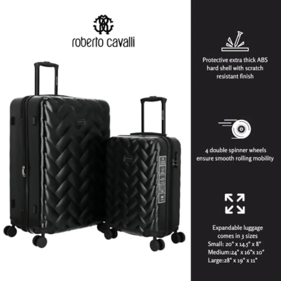 Travel luggage set: polycarbonate hard shell, black, expandable design with 8 spinner wheels and TSA combination lock
