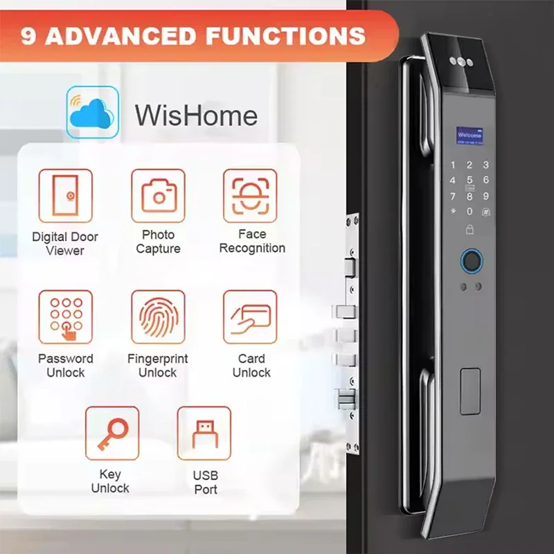 Fully automatic electronic digital biometric fingerprint smart door lock with home face scanning