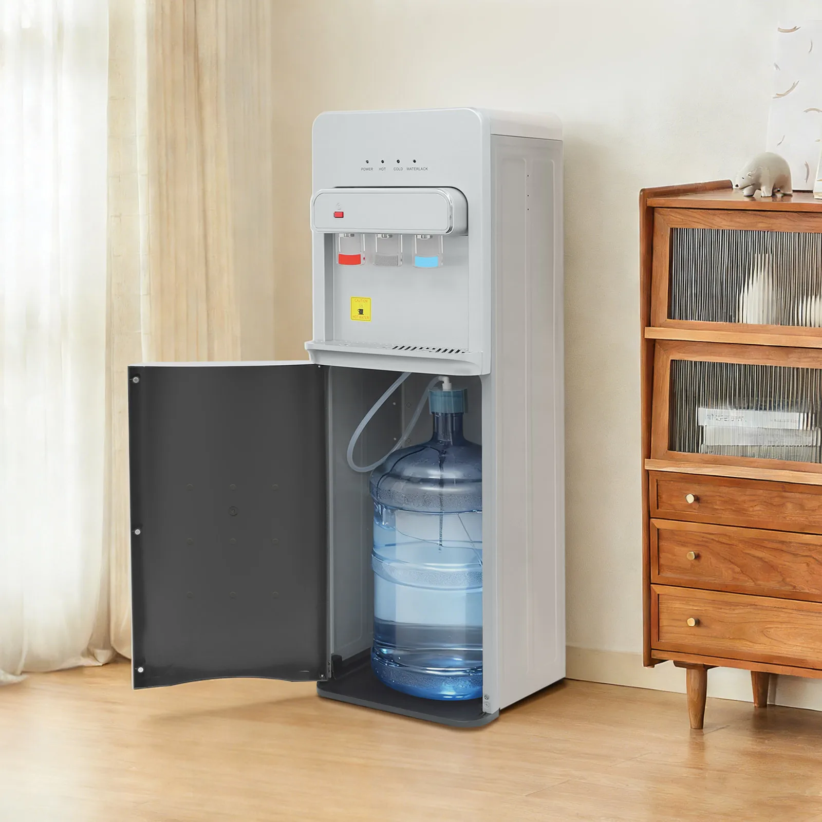 Waterdispenser met bodemvulling, warm, koud en kamertemperatuur, 3 kranen, vrijstaand met kinderbeveiliging voor gezinnen en kantoor gebruik.