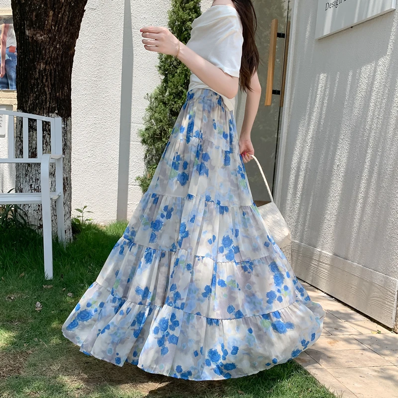  Blue Rose Print Chiffon Cake Skirt Women's Summer Cold Sensation Draping Ethereal A-Line Long Skirt High Waist Polyeste...