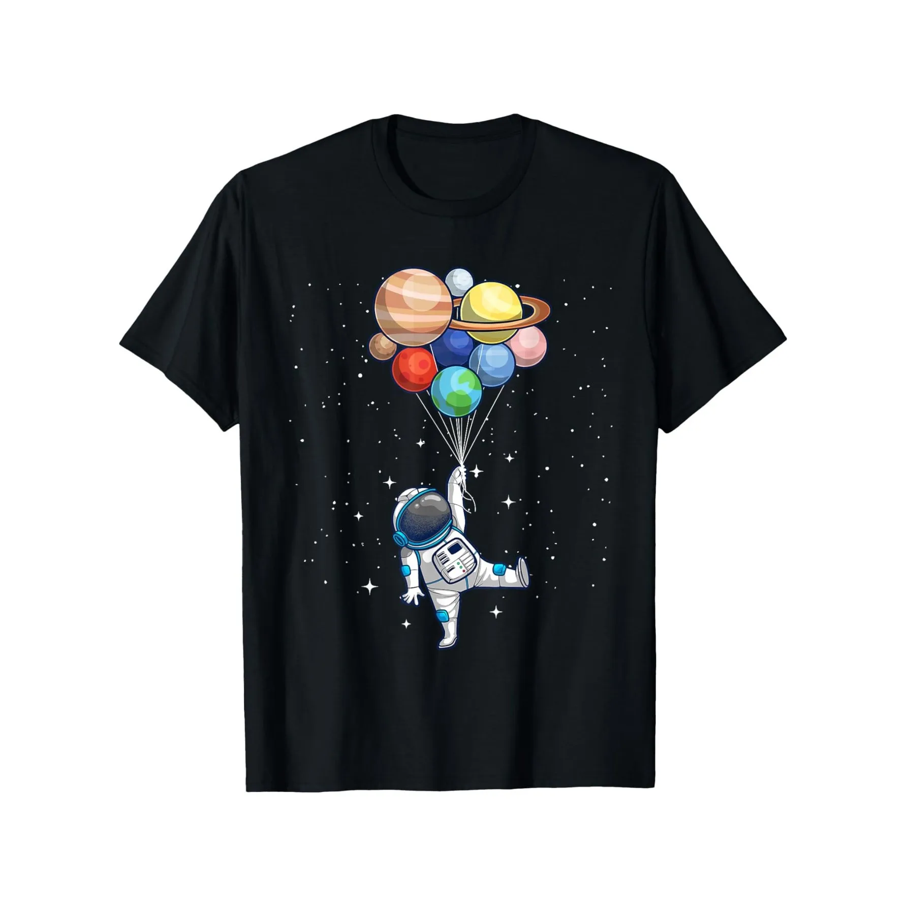 

Astronaut Planet Balloons Graphic T-Shirt Space Theme Crew Neck Short Sleeve Cotton Tee Casual Daily Wear