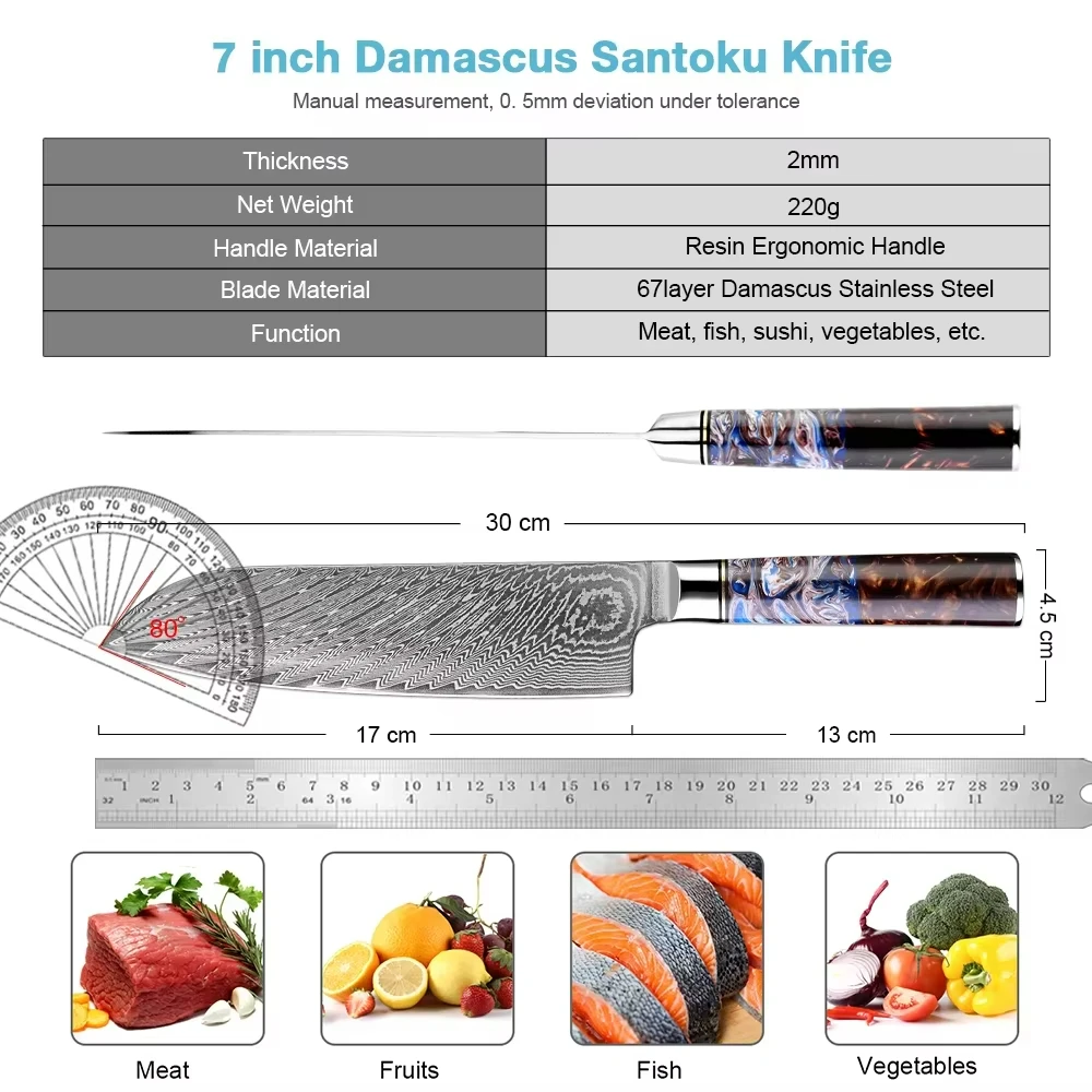 7 Inch Santoku Knife Japanese Damascus Steel Kitchen Knife Professional Sharp Sea Blue Resin Handle Cooking Kitchen Chef's Knife