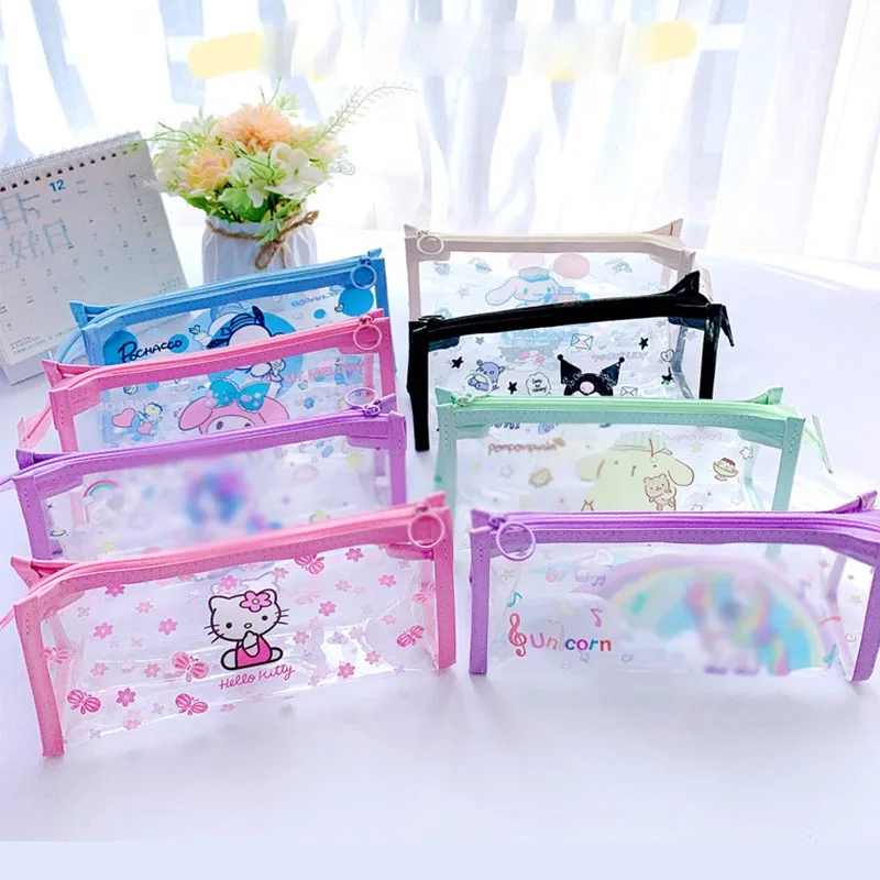 Imagem -04 - Sanrio Kitty Pochacco Pencil Case Melody Transparente Kuromi Pencil Box Papelaria Cosmetic Bolsa Material Escolar 12 Pcs por Lote