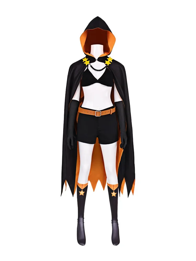 Re Zero Shaula Cosplay Black Orange Hooded Cloak Crop Top Shorts Gloves Socks Necklace Belt Full Anime Halloween Cosplay Outfit - view 3