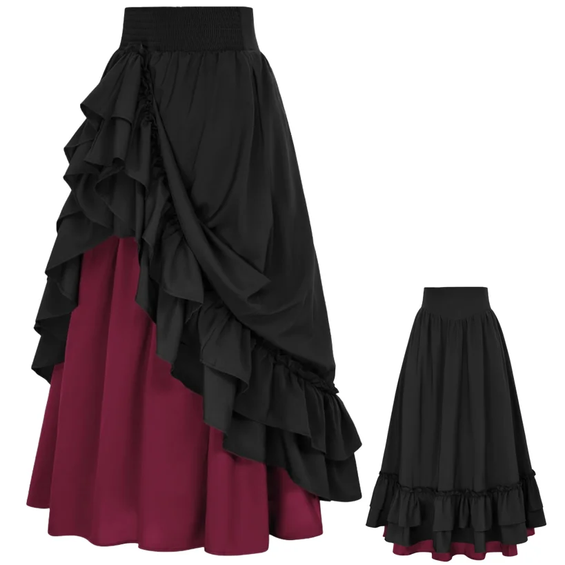 عصر النهضة زي المرأة الظهر مزدوجة كشكش طويل Shiring تنورة الخصر شريط مرن ماكسي طول عادية طبقة مزدوجة تنورة زر