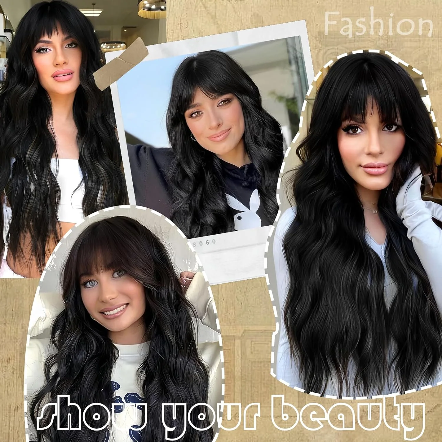 Black Wavy Synthetic Wigs for Women Long Natural Wave Wigs With Bangs Black Women‘s Wigs for Daily Use Party Heat Resistant