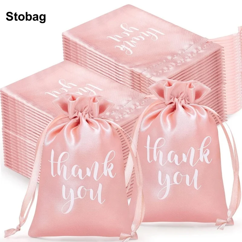 

StoBag 50pcs Wholesale Pink Silk Bags Thank You Small Pouch Gift Jewelry Packaging Drawstring Storage Reusable Wedding Party