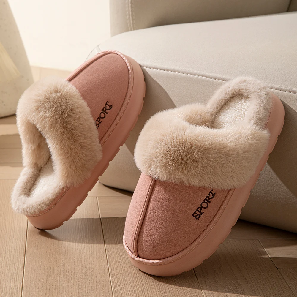 Damen-Winterhausschuhe mit Kunstfellkragen, warm, bequem, rutschfest, dicke Sohle, für Paare, für drinnen und draußen, Schneestiefel, Freizeitschuhe für zu Hause. – Detail 4