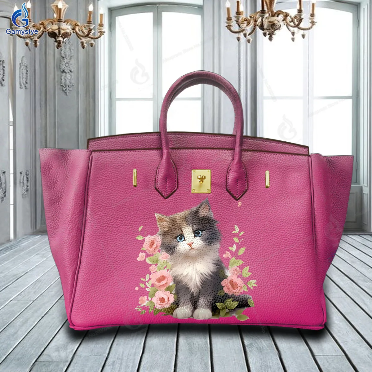 

Art Print Customize Totes Cartoon cat and flowers Real Cowskin Leather Lady Tote Bag Woman Sac A Mains Luxury Boston BagTrend