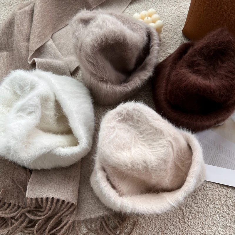 2023 neue Mode Kaninchen Fell Y2k Mützen für Frauen Weiche Warme Flauschigen Angola Winter Hut Weibliche Winddicht Motorhaube Hut Skullies Kappe – Detail 6