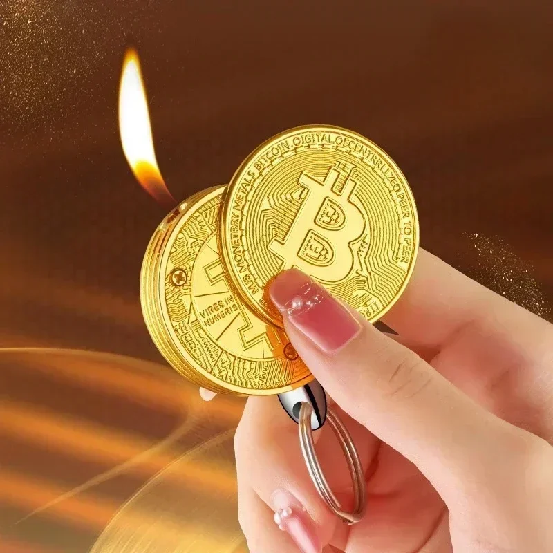 2026Bitcoin Torch Lighter Virtual Commemorative Coin Pendant Lighter Refillable Butane Gas Lighter Portable Cigarette Accessory