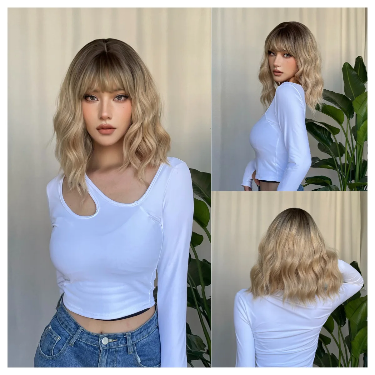 

Блондинка Ци Челка Средние Длинные Волосы Вьющиеся Волосы Модный Темперамент Парик