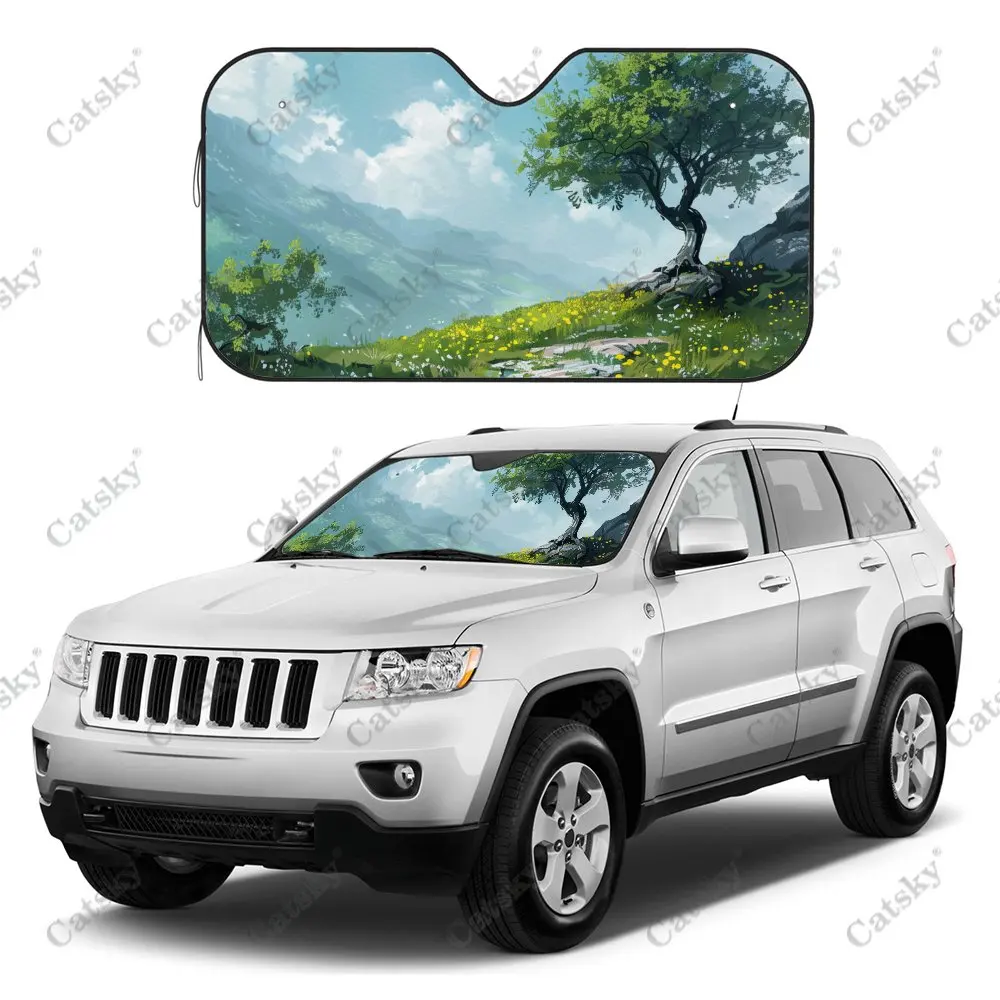 Mountain Tree Sky Cloud Scenery Car Windshield Sunshade,Auto Accessories Front Windshield Sun Visor Blocks Uv Rays Protect Decor