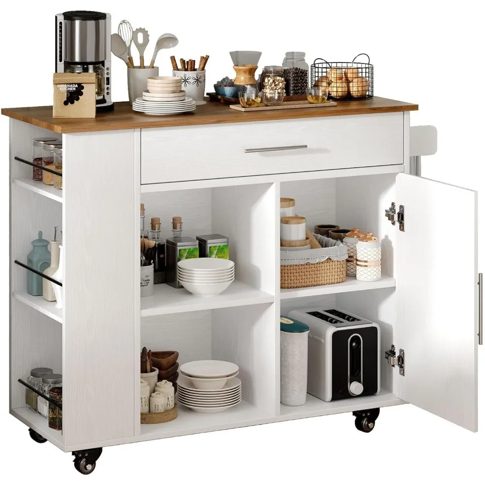 Тележка для кухонного острова с колесиками, шкафом для хранения, полкой для специй и вешалкой для полотенец — универсальная станция на колесиках для эффективного приготовления пищи