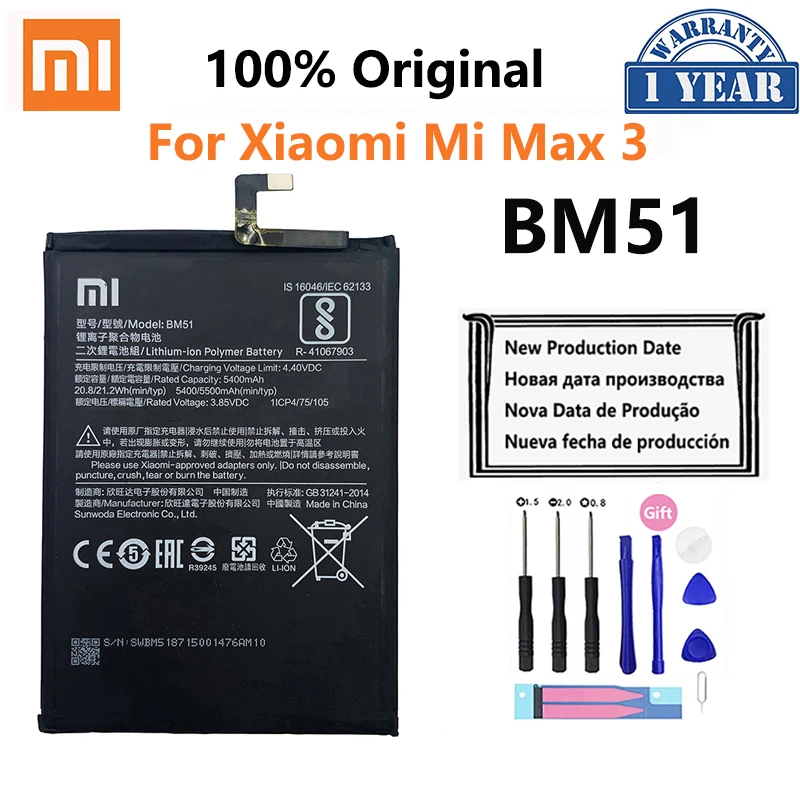 

100% Orginal Xiao mi BM51 5500mAh Battery For Xiaomi Max 3 Max3 MiMax3 High Quality Phone Replacement Batteries