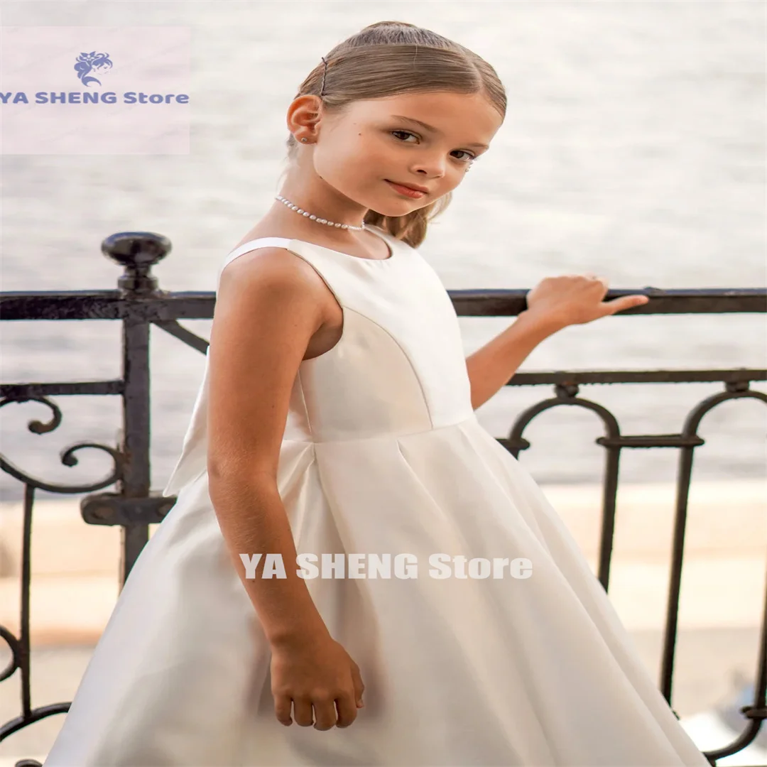 

Elegant Satin Ivory Sleeveless Flower Girl Dress For Wedding With Bow Princess Child First Eucharistic Birthday Party Dress