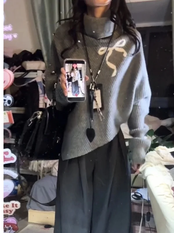 

Loose Women's Knitted Sweater Korean Sle Cowl Ne Asymmetrical Design Casual Winter Faion plus Size Slimming Top