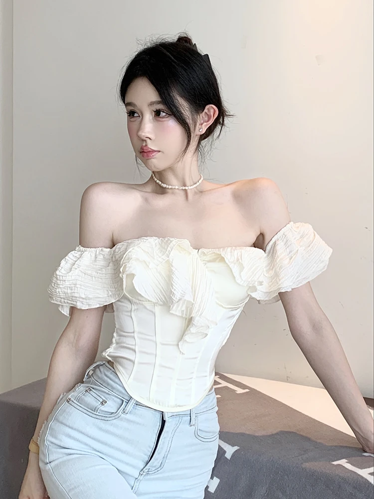 Sexy Elegant Shirts Women Ruffles Patchwork Slash Neck Off Shoulder Slim Spring Summer Fashion Blouse Casual Crop Tops