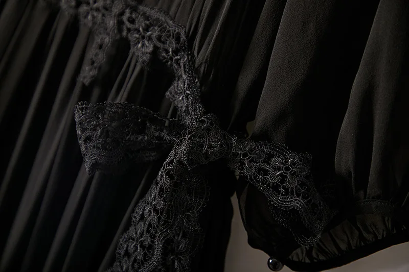 Birdsky, 1 peça feminina gola redonda vestido solto ajuste faixa de renda 100% seda amoreira real preto, S-1028