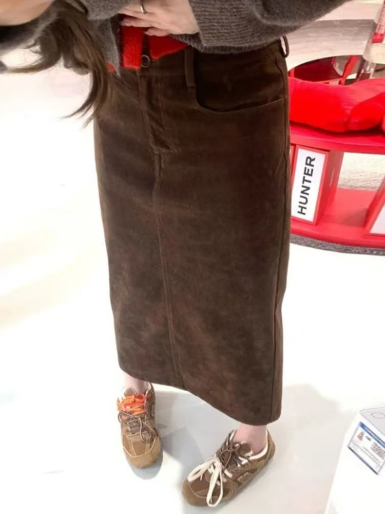 

Korean Sle Simple Corduroy Asymmetrical Hem Skirt Women's High Waist Slimming Casual Long Dr Blue Bean Vintage Pure Color